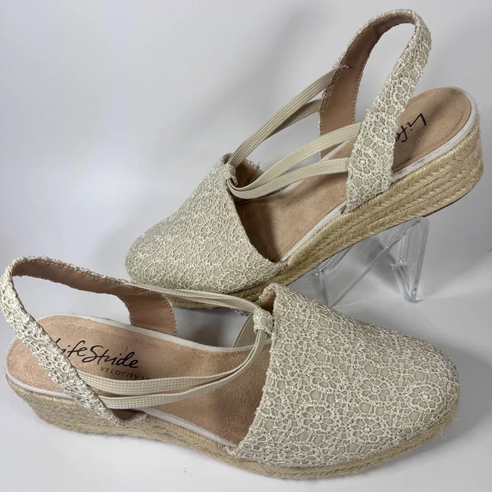 Lifestride Katrina 2‎ Espadrille wedge black lace Sz 11W slingback Women Sandals